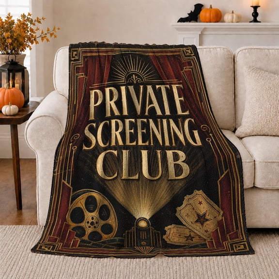 Elegant Screening Typography Within Ornate Theater Frame, Cozy Flannel Blanket with Art Deco Cinema Print, Housewarming Gift for Classic Cinema Enthusiasts, Home Decor for Bedroom and Living Room