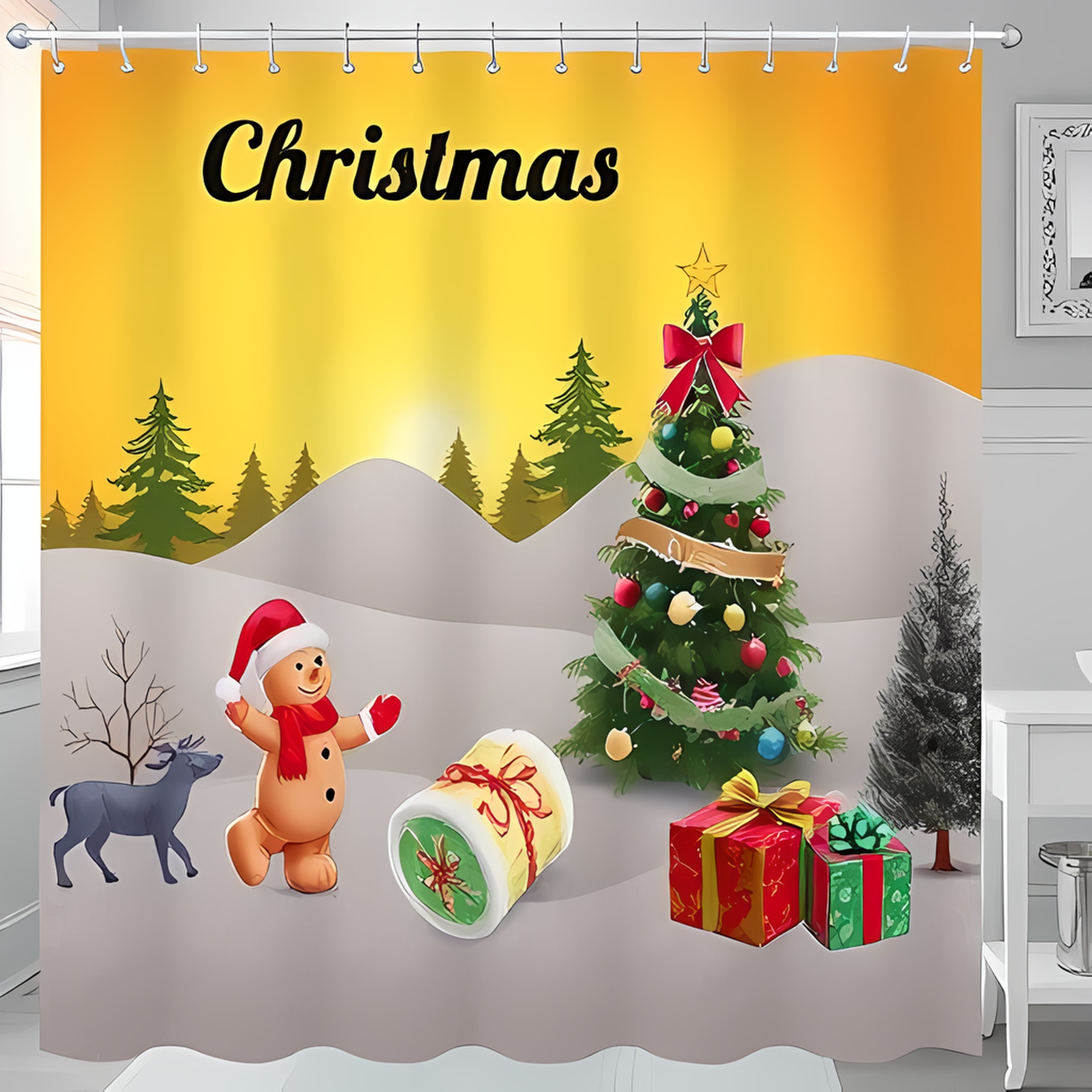 Cheerful Christmas Shower Curtain Whimsical Winter Scene with