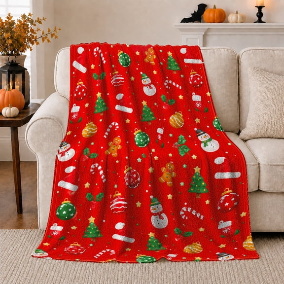 Cheerful Christmas Snowman Tree Icons Festive Holiday Red, Festive Holiday Scene, Warm Flannel Blanket for Living Room and Reading Nook, Art Lovers Christmas Gift, Festive Home Decor