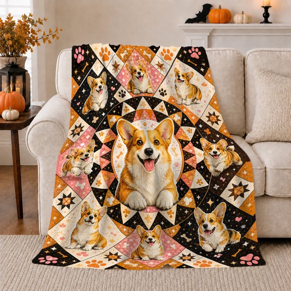 Cheerful Corgi Patchwork Pattern Scene Smiling Pup Rustic, Playful Pet Portrait Pattern, Warm Flannel Blanket for Living Room and Bedroom, Dog Lovers Just Because Gift, Pet Lover Home Decor