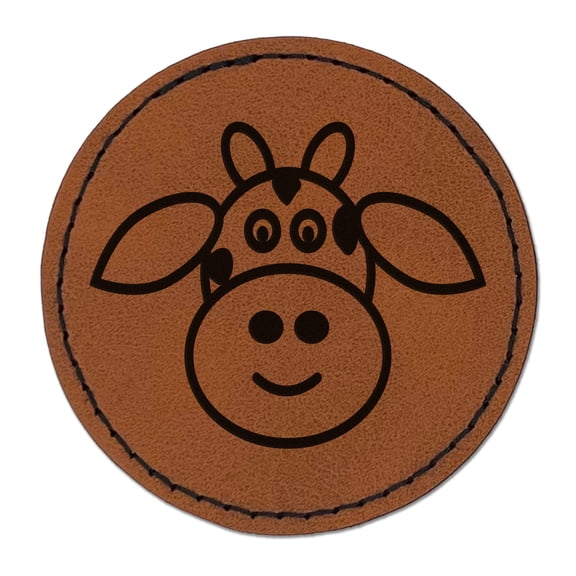 Cheerful Cow Face Doodle 2.5" Faux Leather Round Engraved Iron-On Patch - Brown