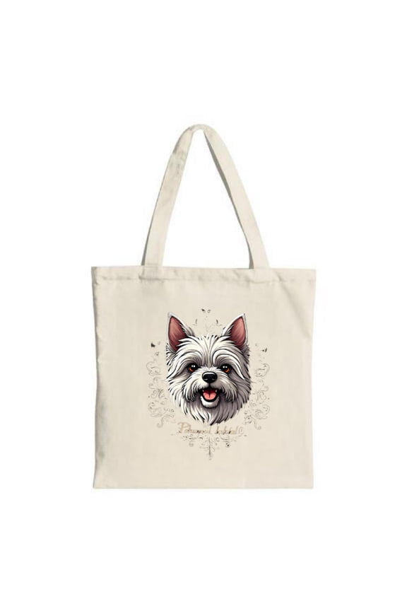 Cheerful Cream Tote Bag with Happy White Dog & Red Ears Floral Patterns & Butterflies - Perfect for Shopping Travel & Parties