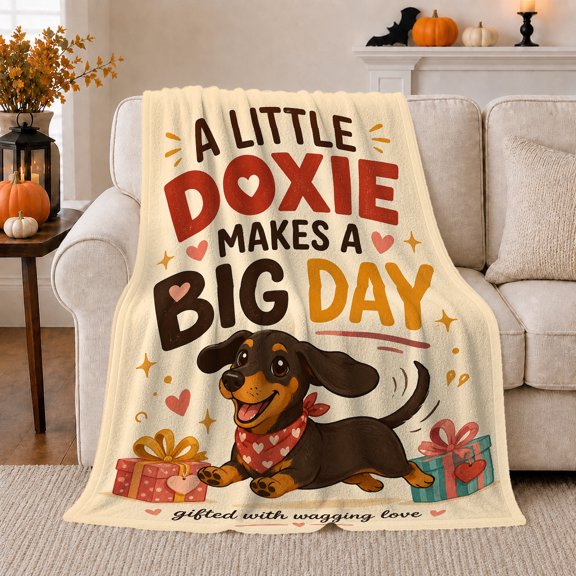 Cheerful Dachshund Heart Bandana Boxes, Playful Pet Portrait Pattern, Warm Flannel Blanket for Living Room and Bedroom, Dog Lovers Valentine's Day Gift, Pet Lover Home Decor