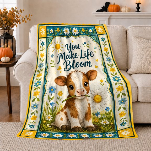 Cheerful Daisy Calf Illustration Inspiring, Cozy Typography Art Scene, Warm Flannel Blanket for Ranch House and Living Room, Art Lovers Valentine's Day Gift, Artistic Home Decor