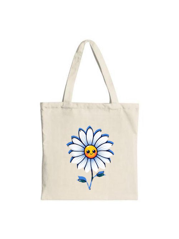 Cheerful Daisy Tote Bag - White Petals with Blue Edges Yellow Center Green Stem & Leaves - Perfect for Shopping Travel & Parties