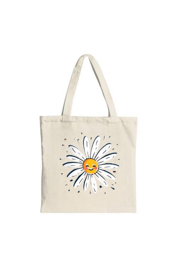 Cheerful Daisy Tote Bag - White petals with blue accents smiling face perfect for shopping travel and parties