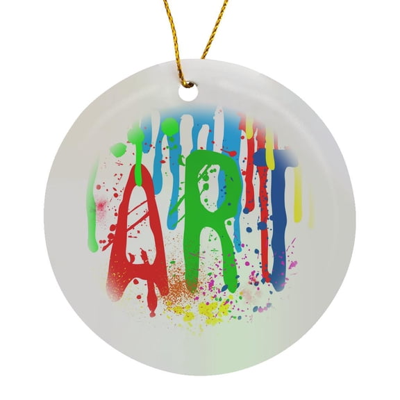 3drose, Cheerful Design Art. Colorful Text, Paint Streak and Blots on White, Circle Porcelain Ornament