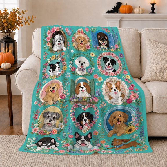 Cheerful Dogs Floral Grid Charming Teal Scene, Playful Pet Portrait Pattern, Warm Flannel Blanket for Living Room and Reading Nook, Dog Lovers Friendship Gift, Pet Lover Home Decor