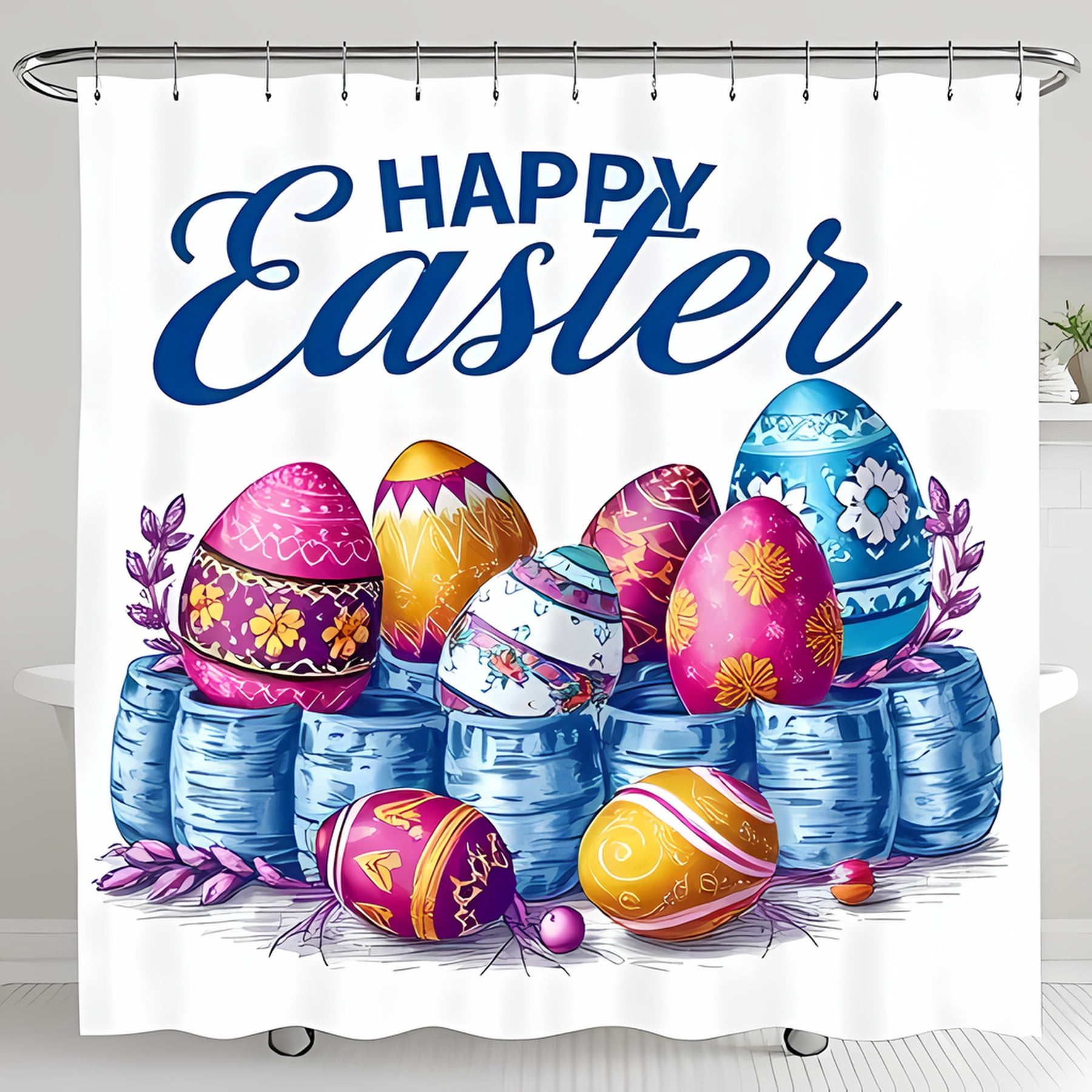 Cheerful Easter Shower Curtain with Colorful Decorated Eggs & Lavender