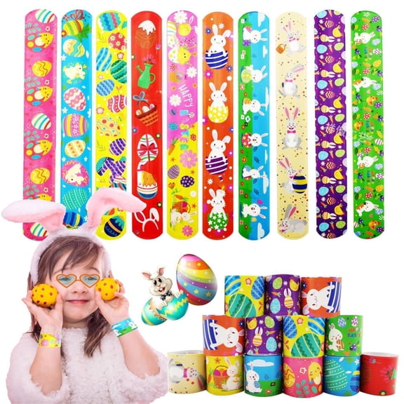 Cheerful Easter Slap Bracelets, Durable Snap-on Wrist Accessories, Easter Slap Bracelets, Ideal As Easter Egg Hunt Prizes, toddler Easter Gifts, and Small toys for Easter Egg