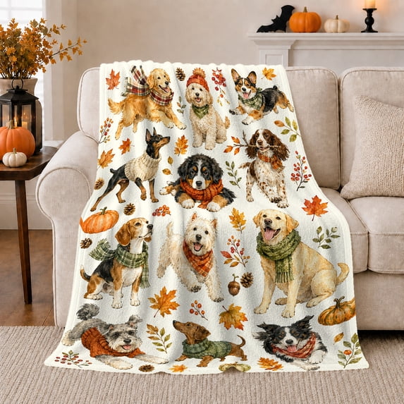 Cheerful Fall Dogs Knitwear Autumn Leaves Pumpkins Watercolor, Cozy Pet Portrait Pattern, Warm Flannel Blanket for Living Room and Bedroom, Dog Lovers Thanksgiving Gift, Pet Lover Home Decor