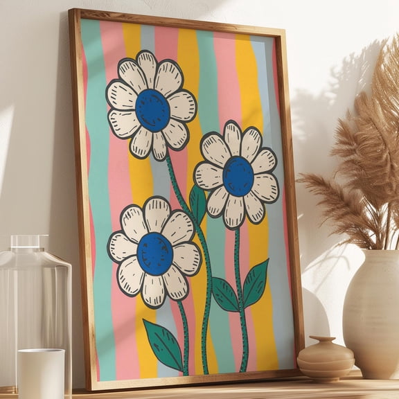 Cheerful Floral Wall Art Retro Pop Art Style Poster Colorful Striped Illustration for Livi