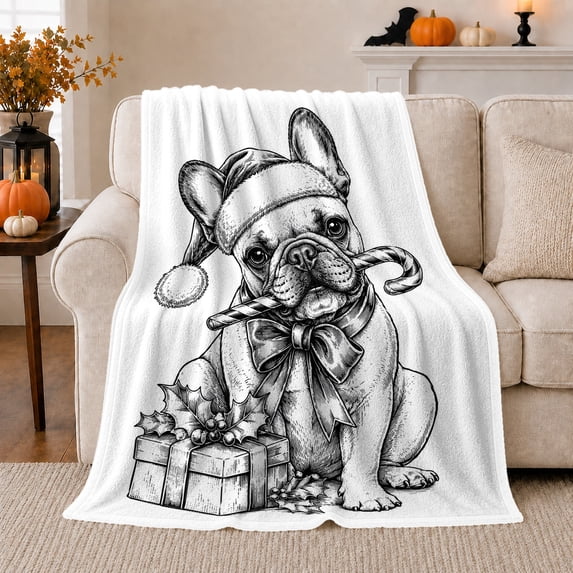 Cheerful French Bulldog Christmas Festive Holiday Dog, Festive Pet Portrait Pattern, Warm Flannel Blanket for Living Room and Bedroom, Dog Lovers Christmas Gift, Pet Lover Home Decor