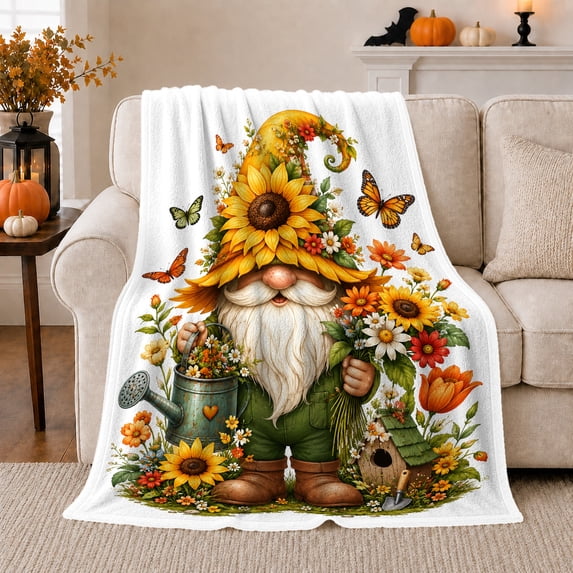 Cheerful Garden Gnome Floral Bouquet, Cozy Friendship Quote Scene, Warm Flannel Blanket for Living Room and Reading Nook, Art Lovers Friendship Gift, Artistic Home Decor