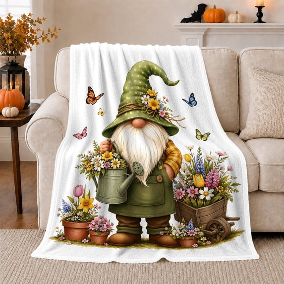 Cheerful Garden Gnome Flowers Butterflies, Cozy Friendship Quote Scene, Warm Flannel Blanket for Living Room and Reading Nook, Art Lovers Thank You Gift, Artistic Home Decor