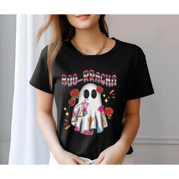 Cheerful Ghost Graphic Tee, Tops Has "BOO - RACHA" & Floral Ghost Design, Round Neck Regular Fit T - shirts, Size(S - 5XL)