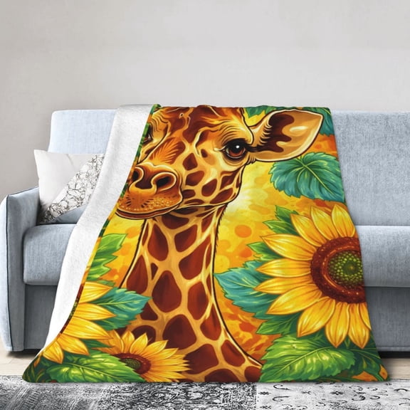 Cheerful Giraffe Blanket Gift Cozy Soft Home Decor Featuring Sunflower 50x40