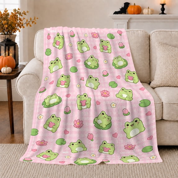 Cheerful Green Frogs Pink Gingham, Festive Halloween Scene, Warm Flannel Blanket for Living Room and Reading Nook, Art Lovers Halloween Gift, Festive Home Decor