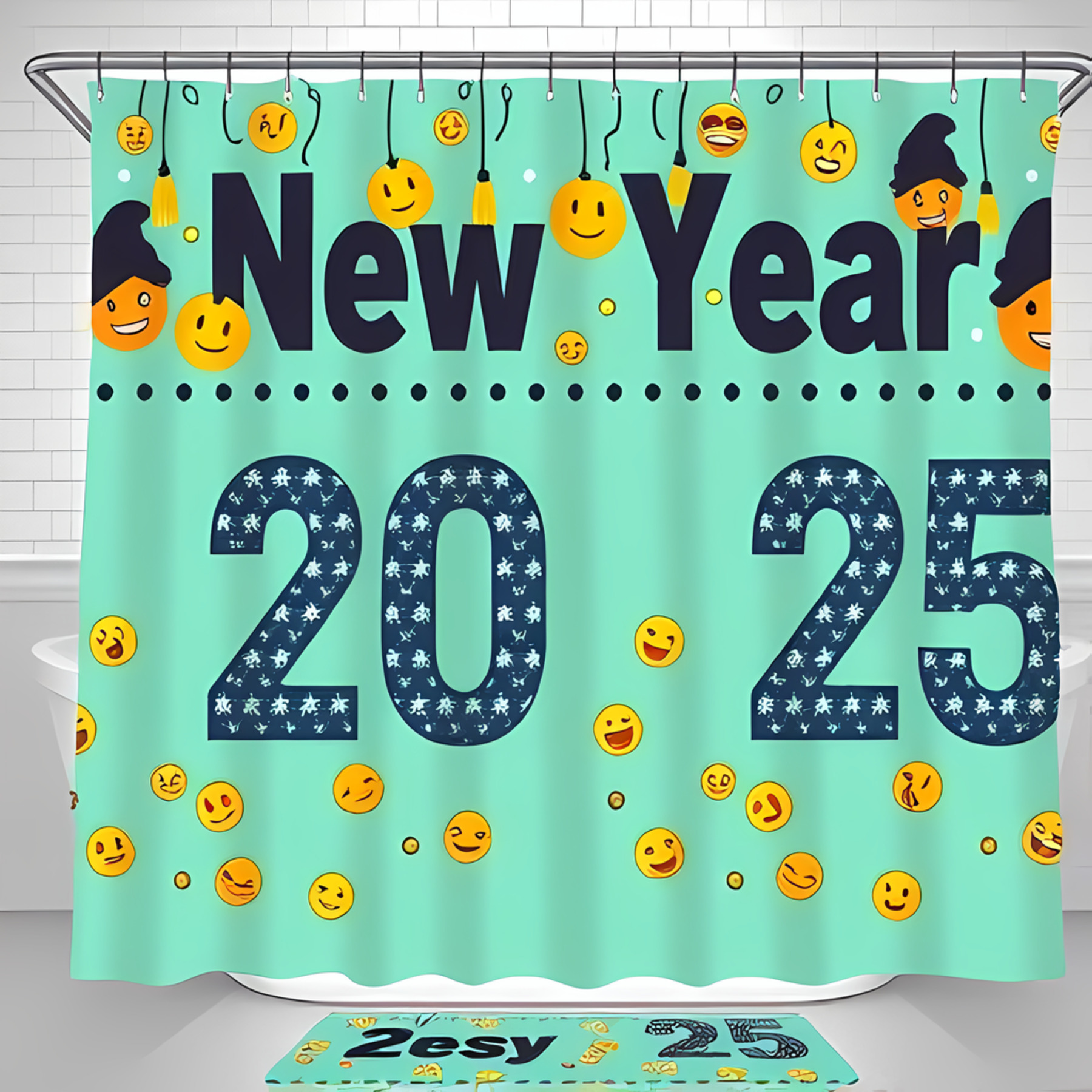 Cheerful Green Shower Curtain with "New Year 2025" in Bold Blue Faces ...