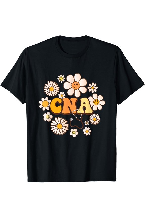 Cheerful Groovy Smile Face Floral CNA T-Shirt for Certified Nursing Assistants