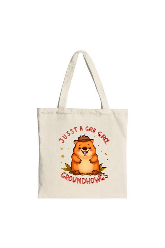 Cheerful Groundhog Tote Bag - Cartoon Design with Stars ' JUST A GRU CRU GROUNDHOSES ' Text Perfect for Shopping Travel & Parties