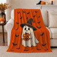 thumbnail image 1 of Cheerful Halloween Ghost Pumpkin Orange Field Flying Bats, Festive Halloween Scene, Warm Flannel Blanket for Living Room and Bedroom, Animal Lovers Halloween Gift, Festive Home Decor, 1 of 9