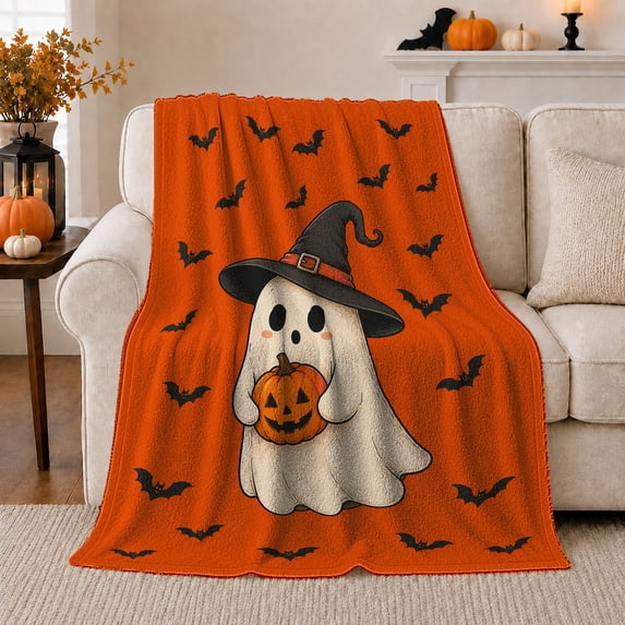 Cheerful Halloween Ghost Pumpkin Orange Field Flying Bats, Festive Halloween Scene, Warm Flannel Blanket for Living Room and Bedroom, Animal Lovers Halloween Gift, Festive Home Decor