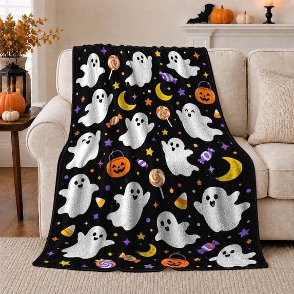 Cheerful Halloween Ghosts Festive Treats Pattern Black Background, Festive Halloween Scene, Warm Flannel Blanket for Living Room and Family Room, Art Lovers Halloween Gift, Festive Home Decor