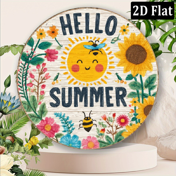 Cheerful 'Hello Summer' Round Aluminum Sign with Sunflowers amp; Bee - Ideal for Home, Cafe, Apartment, Restaurant Wall Decor - Vibrant Summer-Themed Decoration, Perfect Holiday Gift, 8*8in