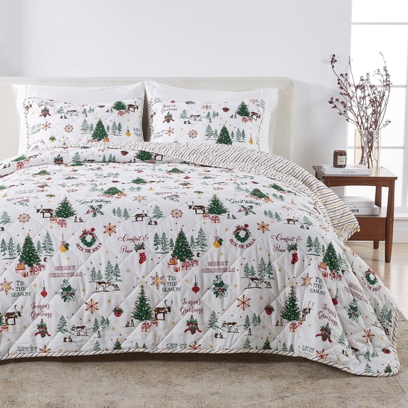 Christmas Quilt Set - Lightweight, Soft, Seasonal - 3-Piece Reversible Holiday Bedding Set (Full / Queen, Jolly Spirit)