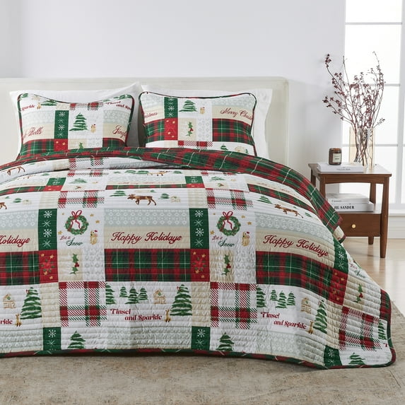 Cheerful Holiday Reversible Twin / Twin XL Quilt Set with Shams (Holiday Patchwork)
