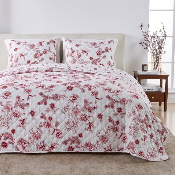 Christmas Quilt Set - Lightweight, Soft, Seasonal - 3-Piece Reversible Holiday Bedding Set (Twin / Twin XL, Jolly Floral)