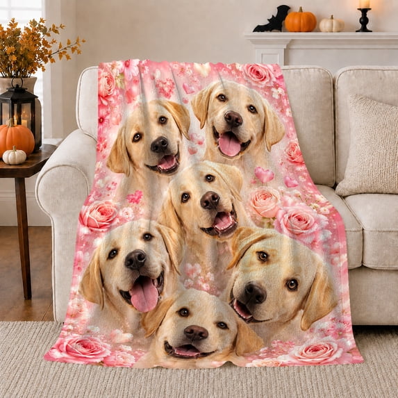Cheerful Labrador Collage Pink Roses Hearts, Cozy Pet Portrait Pattern, Warm Flannel Blanket for Living Room and Reading Nook, Dog Lovers Friendship Gift, Pet Lover Home Decor