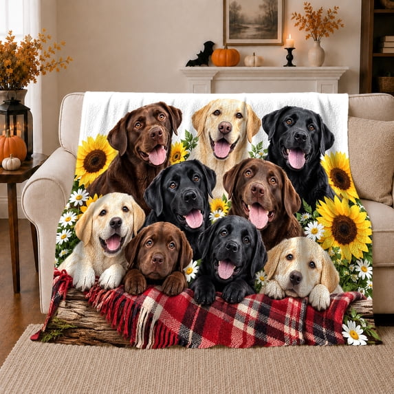 Cheerful Labrador Retriever Group Portrait Rustic Plaid Sunflowers, Festive Pet Portrait Pattern, Warm Flannel Blanket for Cabin and Lodge, Dog Lovers Just Because Gift, Pet Lover Home Decor