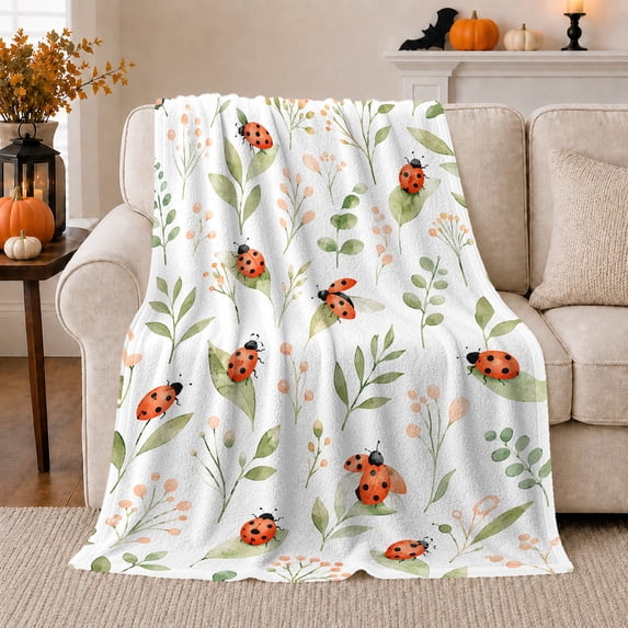 Cheerful Ladybug Pattern Watercolor, Cozy Botanical Garden Scene, Warm Flannel Blanket for Sunroom and Reading Nook, Garden Lovers Housewarming Gift, Botanical Home Decor