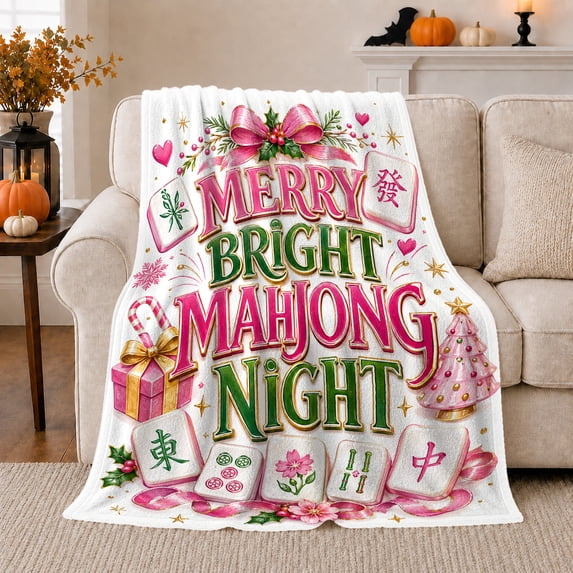 Cheerful Mahjong Game Night Christmas, Festive Holiday Scene, Warm Flannel Blanket for Living Room and Reading Nook, Art Lovers Christmas Gift, Festive Home Decor