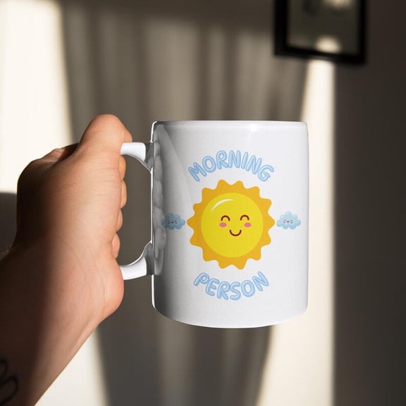 Cheerful Morning PerS1on Coffee Mug, Sun Clouds Design