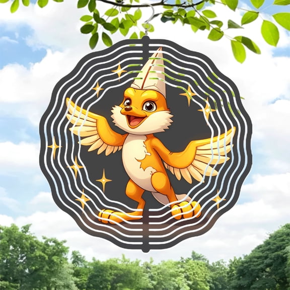 Cheerful Orange Bird Metal Hanging Wind Spinner & Chime - Whimsical Design with Stars & Concentric Circles for Garden Decor