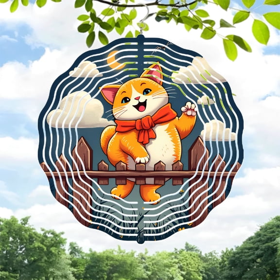 Cheerful Orange Cat Metal Wind Spinner with Red Bow Tie - Whimsical Garden Decor with Star Pattern
