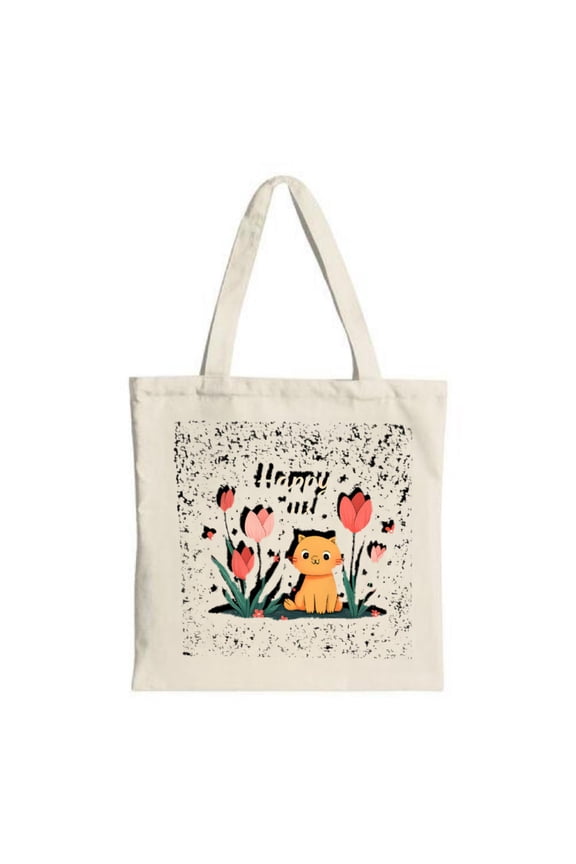 Cheerful Orange Cat Tote Bag - Vibrant Pink Tulips & Speckled Background " Happy Cat " Text Perfect for Shopping & Travel