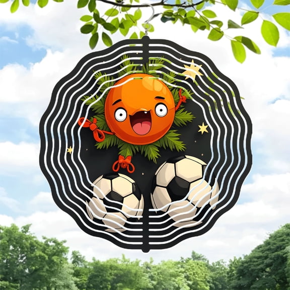 Cheerful Orange Character Metal Hanging Wind Spinner with Pine Branches & Ribbons - Festive Garden Wind Chime Decor