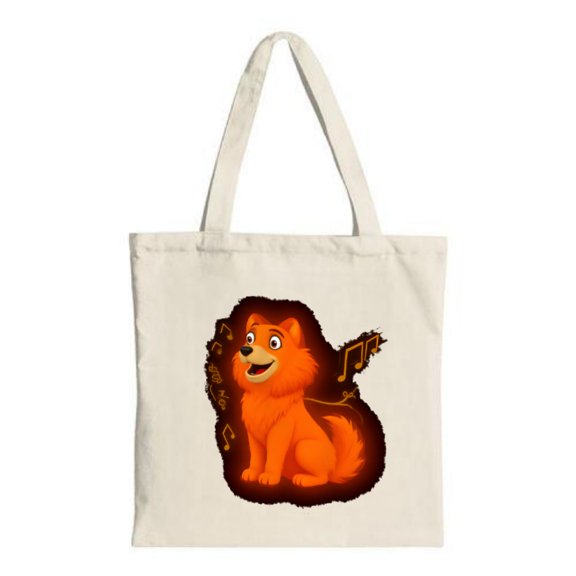 Cheerful Orange Dog Tote Bag - Cartoon Design with Musical Notes on Gradient Brown to Orange Background Perfect for Shopping & Travel