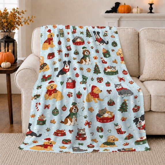 Cheerful Pets Festive Winter Wear Christmas Holiday, Festive Holiday Scene, Warm Flannel Blanket for Living Room and Bedroom, Animal Lovers Christmas Gift, Festive Home Decor