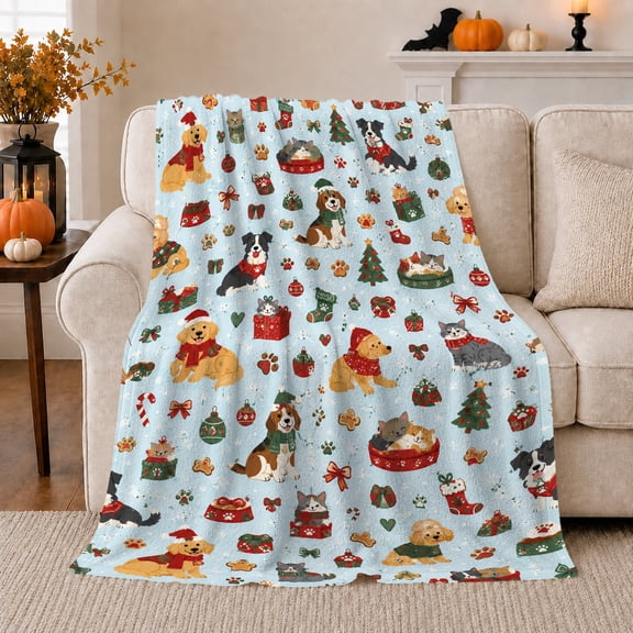 Cheerful Pets Festive Winter Wear Christmas Holiday, Festive Holiday Scene, Warm Flannel Blanket for Living Room and Bedroom, Animal Lovers Christmas Gift, Festive Home Decor