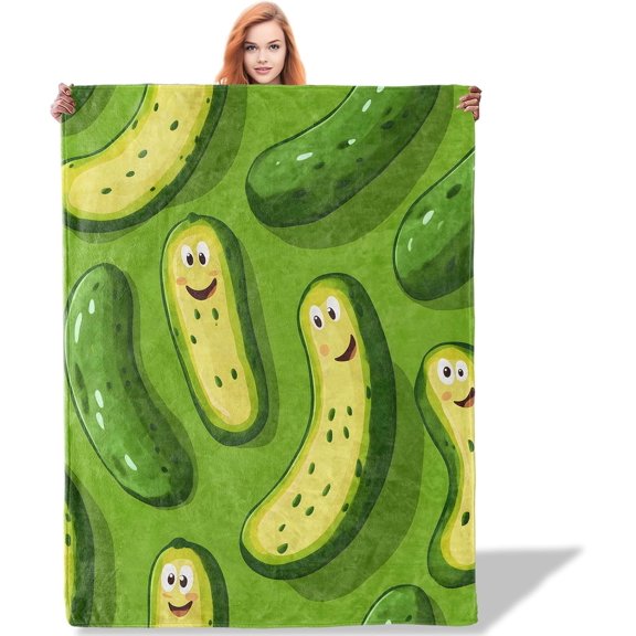 Cheerful Pickles Throw Blanket 50x60, Pickle Theme Blankets for Living Room Couch, Home Decor, Soft Flannel Pickle Gifts for Adults and Women