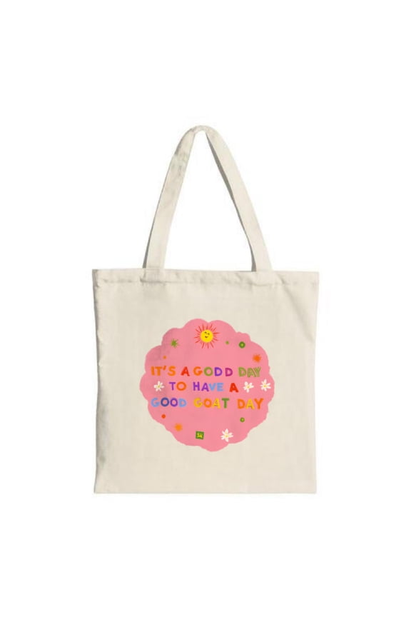 Cheerful Pink Cloud Tote Bag with Colorful " Good Day " Text Stars & Sun - Perfect for Shopping Travel & Parties