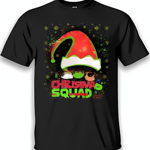 Cheerful Pixelated Christmas Squad T-Shirt with Santa Hat & Face Black
