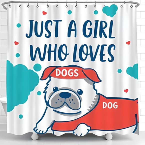 Cheerful Pug Shower Curtain with Red Bandana & " Just a Girl Who Loves Dogs " Message Teal Accents & Heart Shapes