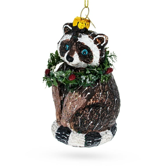 Racoon with Wreath Glass Christmas Ornament