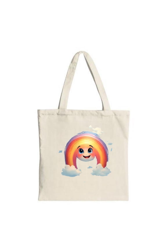 Cheerful Rainbow Tote Bag - Vibrant gradient rainbow character with fluffy clouds perfect for shopping travel and parties